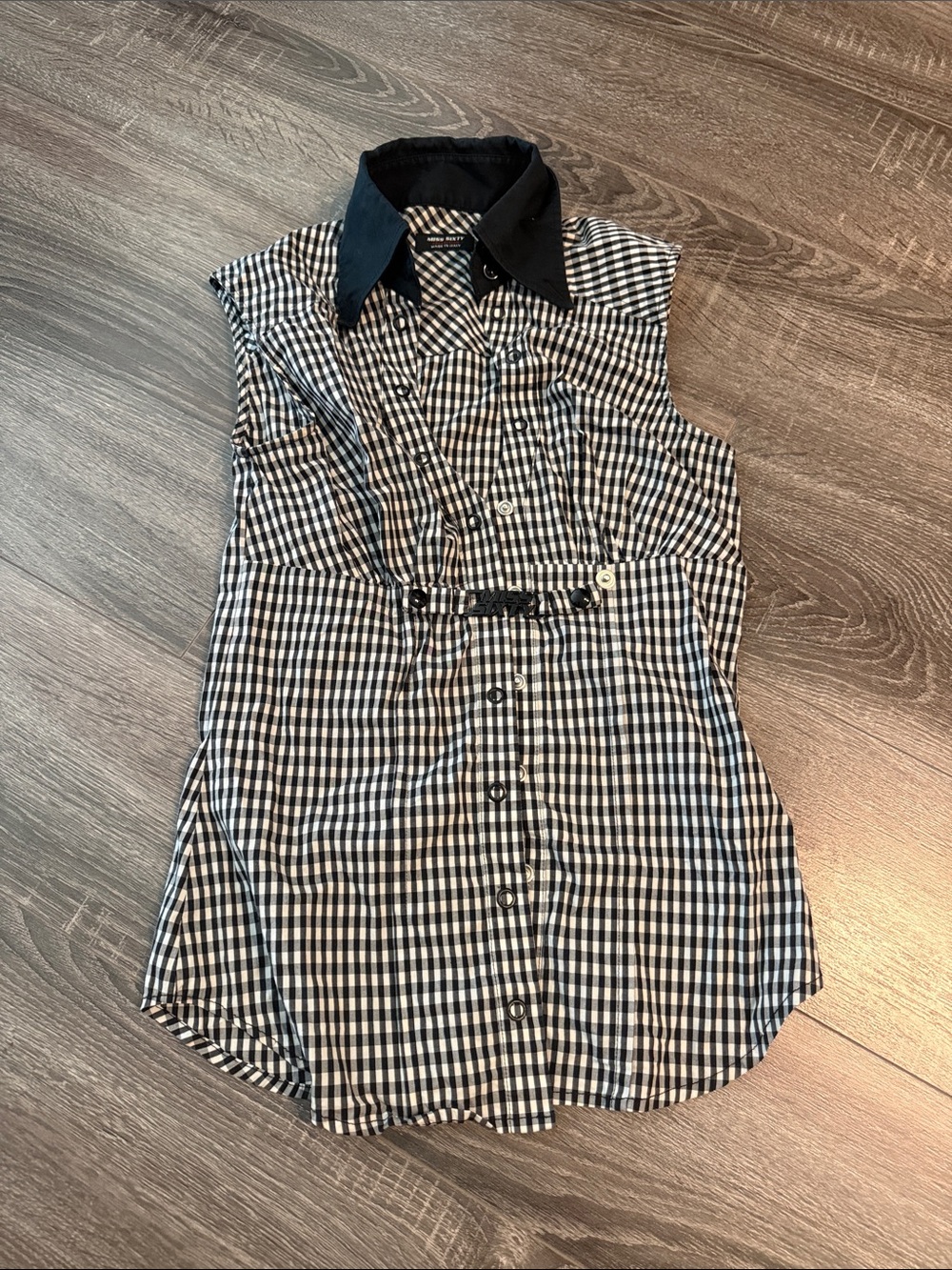Miss Sixty Black & White Gingham Sleeveless Button-Up Shirt with Black Collar